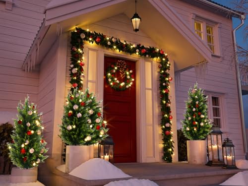 3.5 FT Artificial Cedar Topiary Trees with Ground Spikes, Set of 2 Realistic Faux Cypress Trees UV Resistant Artificial Topiary Shrubs Fake Bushes for Indoor Outdoor Porch Garden
