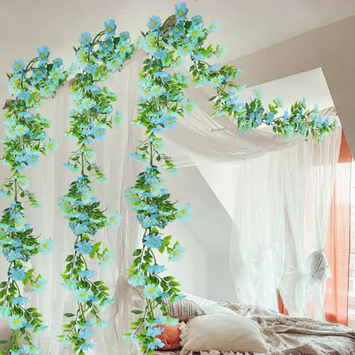 CISDUEO Artificial Daisy Flowers Vine Silk Wildflower Garland Spring Fake Flower Vine Hanging Ivy Blue Daisy Flowers Green Leaves for Wall Party Wedding Arch Floral Decor Home Indoor Outdoor Ceremony - color: Blue