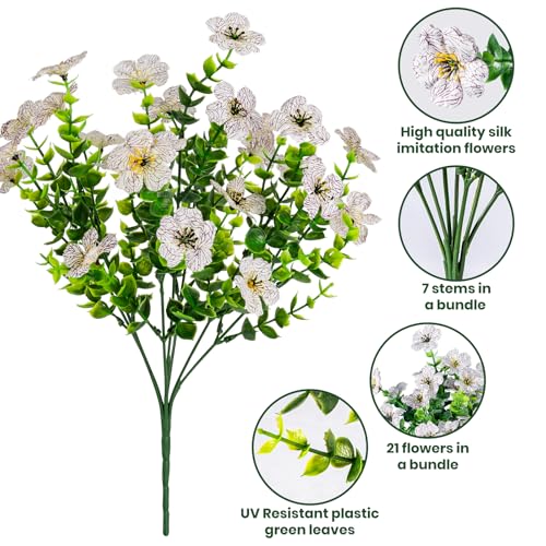 Lnoicy 20 Bundles Artificial Flowers for Outdoor Fake Plants for Spring Decoration,Faux Eucalyptus Flowers for Planter UV Resistant Lifelike for Home Porch Garden（White） - color: White