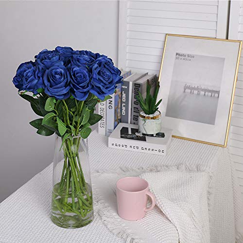 Nubry Artificial Silk Rose Flower Bouquet Lifelike Fake Rose for Wedding Home Party Decoration Event Gift 10pcs (Blue) - color: Blue