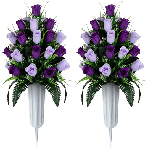XONOR 2 Sets Artificial Cemetery Flowers, Grave Decorations Roses, Memorial Flowers Bouquet with Vase for Grave Cemetery Decoration (Dark Purple&Light Purple) - color: Dark Purple&light Purple