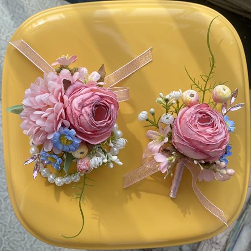 Corsage and Boutonniere Set, Handmade Artificial Peony Rose Wrist Corsage Wristlet and Groom Boutonniere for Men Wedding Prom Suit Decorations (Pink) - color: Pink