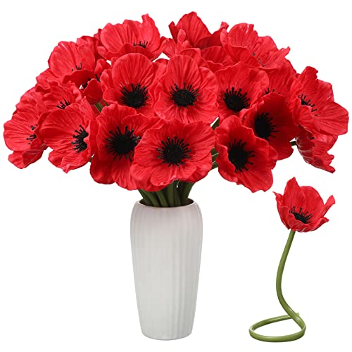 Censen 42 Pcs Red Artificial Poppy Flowers 11 Inch PU Realistic Flower Silk Anemone Stems Bulk for Wedding Bouquets Table Centerpiece Holiday Home Halloween Decor Arrangements - color: Red