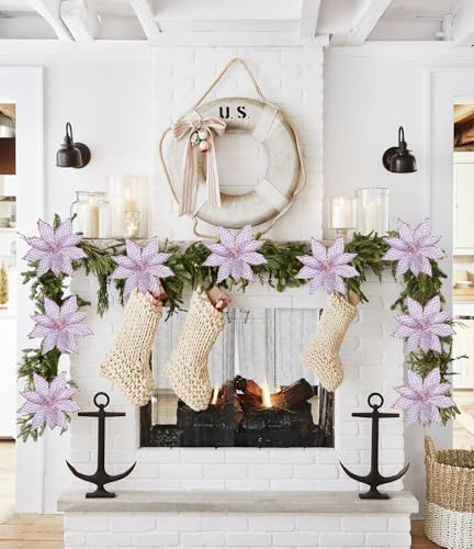 Briful 3PCS Poinsettias Artificial Christmas Flowers 22.4in Long Stem Glitter Mesh Poinsettia Fake Christmas Tree Flower for Xmas Home Wreath Garland Floral Arrangement Holiday Decor, Pale Purple - color: Taro Purple