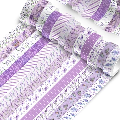 12 Rolls of Lavender Washi Tape, Purple Floral Decorative Tape, DIY Flower Butterfly Pattern Sticker for Journals, Planners, Scrapbooking, Packaging, Crafts, Party Supplies Favors