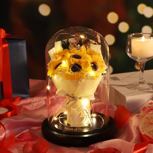 Rose Gift for Mom, Sunflower Gift for Mom-Preserved Artificial Rose Flower Gifts for Women Friends Sunflower Gifts for Wife,Light Up Rose in Glass Dome-Thankgiving Birthday Valentine Anniversary - color: Yellow