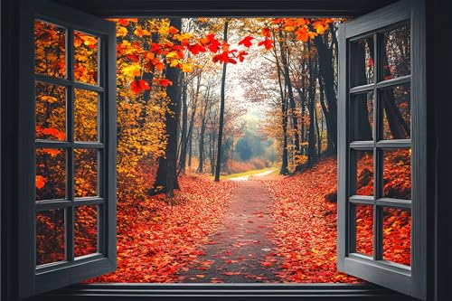 AMAZING WALL Autumn Forest Path View Peel and Stick 3D Fake Window Stickers,Removable Decals Wall Murals for Home Decor,32x48in/2PCS - color: Autumn Forest Path, size: 32x48"/2PCS