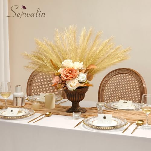 Serwalin 60Pcs Gold Pampas Grass Decor, 17.7" Faux Pampas Grass, Artificial Short Pompas Grass Branches Fluffy Plant Vase Filler Boho Decoration for Home Wedding Party - color: D Gold