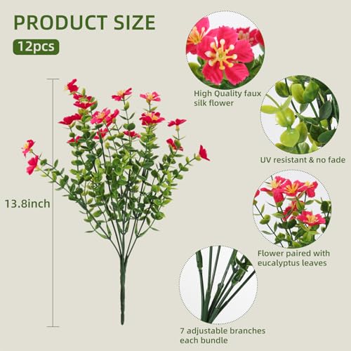 SJL Fake Outdoor Flower, 12Pcs UV Resistant Silk Flowers for Outside with Eucalyptus Stems, Long Lasting Realistic Fake Flower Bunch for Porch Patio Wedding Home Party Decor(Rose Red) - color: Bundle Rose Red-flower