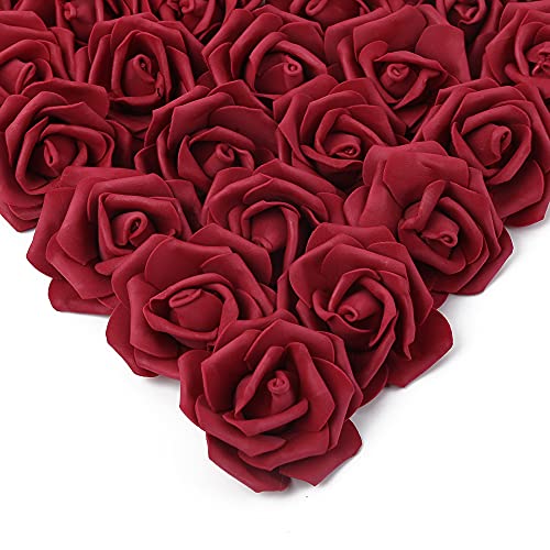 IPOPU Artificial Rose Flower Heads, 100 Pcs Real Looking Burgundy Foam Fake Roses for DIY Wedding Baby Shower Centerpieces Arrangements Party Tables Home Decorations (Wine red, Stemless) - color: 100pcs Burgundy
