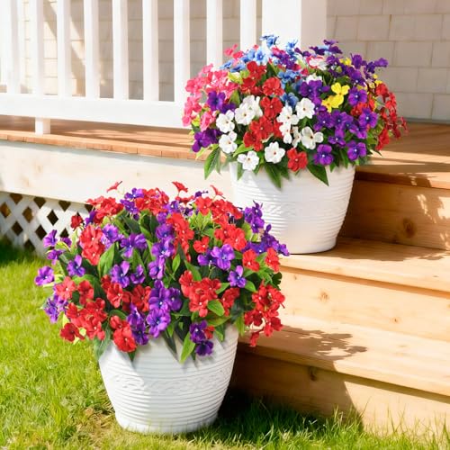 Artificial Impatiens Flowers for Outdoors, 6 Bundles Silk Fake Flowers for Spring Summer Decoration, UV Resistant Faux Plants Plastic Bouquet for Home Planter Porch Patio Yard Decor(Red Purple) - color: Red,purple