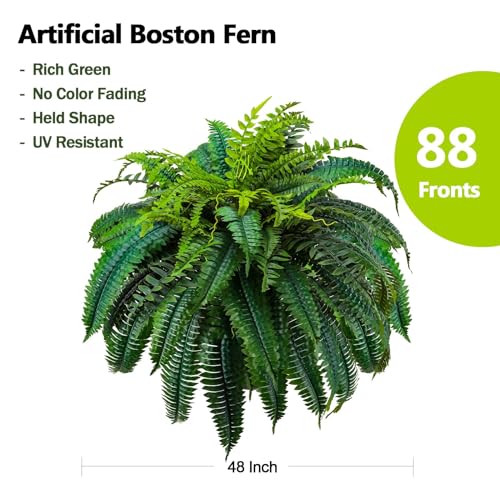 2 Pack Artificial Boston Ferns Outdoor, 48 Inch Large Fake Fern Plants with 88 Leaves, Faux Fern for Porch Planters, Patio, Front Door, Indoor Outdoor Decor - size: 48"-88 Leaves