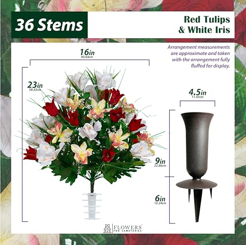 Sympathy Silks Artificial Cemetery Flowers - Grave Decoration - Red Tulips and White Iris (1) Bouquet (1) Vase - color: Red/White, size: (1) Bouquet (1) Vase