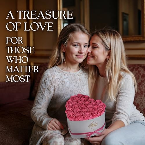 GLAMOUR BOUTIQUE Preserved Roses in a Box - Gifts for Her, Wife & Mom, Rose Flowers Forever Decor for Birthday Gift, Get Well Flower Bouquet Cased in White Box with Cover - Pink - 27 (Color-Treated) - color: Pink, size: 27 Roses Heart Box
