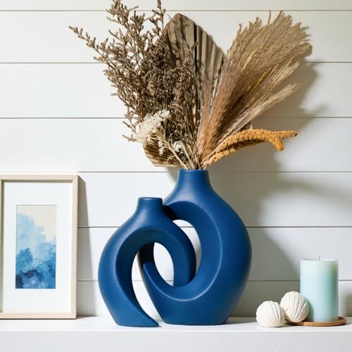 Levvohd Snuggle Hollow Ceramic Vase Set of 2, 8.4 inch Modern Nordic Coastal Shaped Pampas Grass Aesthetic Decorative Table Vases for Home Decor (Matte Navy Blue - M) - color: Matte Navy Blue - M