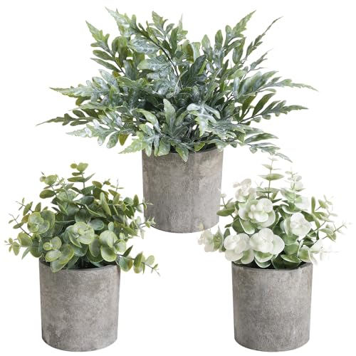 3 Pack Mini Potted Fake Plants Artificial Plastic Indoor Eucalyptus Plants for Home, Office, Desk, Bathroom, Coffee Table & Shelf (Green) - color: Green