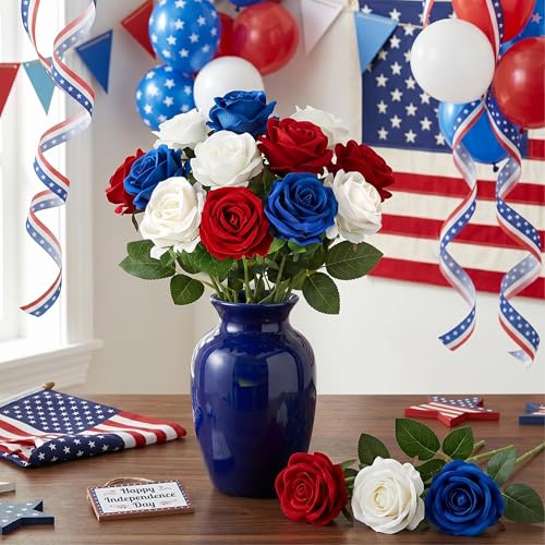 Auihiay 14PCS Red White Blue Artificial Roses, Patriotic Velvet Silk Fake Roses Flowers with Long Stem for 4th of July Independence Day Home & Memorial Day Decorations - color: Red White Blue