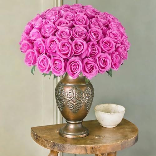 HyeFlora 50 PCS Roses Artificial Flowers, Fake Roses with Stem Realistic Hot Pink Silk Rose for DIY Wedding Bouquets Table Centerpieces Arrangements Baby Shower Birthday Home Decor for Her - color: Rose Red