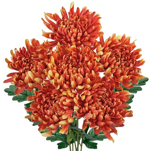 Briful 6 Pcs Deep Orange Artificial Mums for Outdoors Fall – 25.6’’ Long Stem Faux Chrysanthemums, Large 6’’ Silk Fall Flowers for Wedding Bouquets, Centerpieces, Porch Décor, Indoor Home Decoration - color: Deep Orange