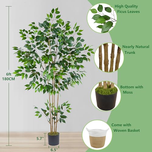 Warmplants Artificial Ficus Tree, 6ft Tall Silk Fake Ficus Leaves Plant with Basket, Indoor Outdoor Faux Greenery Tree for Home Garden Office House Livingroom Décor - color: Ficus, size: 6ft