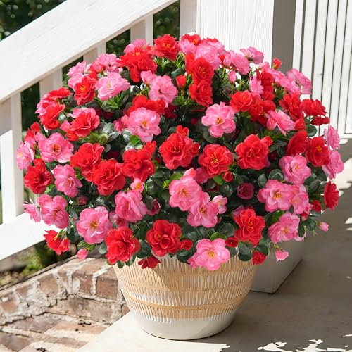 Artificial Faux Outdoor Flowers Plants for Spring Summer Decoration, Fake Silk Camellia UV Resistant Look Real for Planter Outside Front Door Porch Patio Balcony, 3 Large Bundles (Melon Red+Red) - color: Melon Red+red