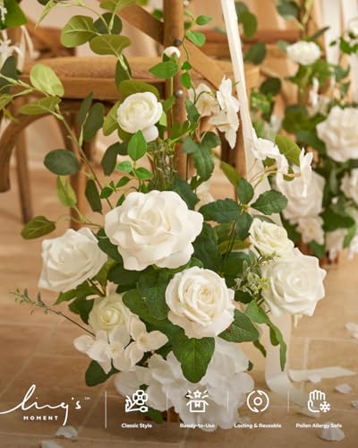 Ling's moment Freestanding Artificial Flowers Arrangements 4 pcs Wedding Aisle Runner Chair Decorations White Sage Centerpieces for Ceremony Reception Rose Floral Party Outdoor Decor - color: Wht-white & Sage