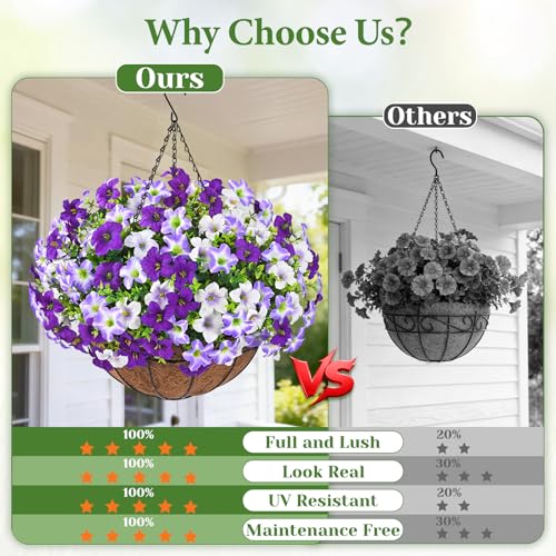 Realistic Artificial Hanging Flowers for Outdoors with Basket, 1 Set Large Size UV Resistant Artificial Outdoor Flowers, Full Faux Outdoor Flowers Fake Hanging Flowers for Porch, Front Door, Garden - color: Three Colored Purple, size: 1 Set