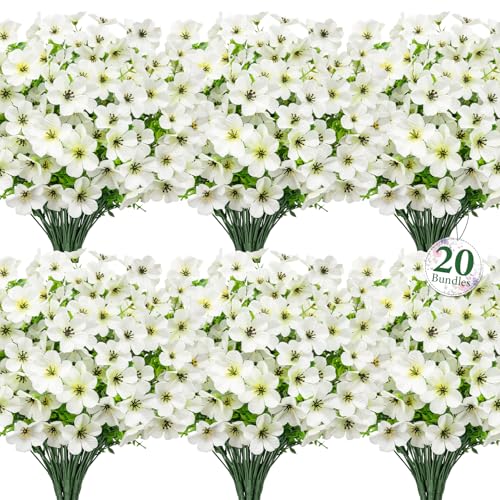 20 Bundles Artificial Flowers for Outdoors, Fake Violet Flowers Silk Realistic UV Resistant Faux Artificial Plants Outdoors for Window Box Garden Patio Front Porch Home Indoor Outside Decorations - color: White