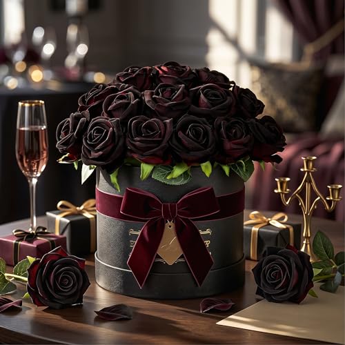 Auihiay 14PCS Black Magic Artificial Roses, Realistic Silk Fake Roses Flowers with Long Stem for Gothic Wedding Decor, Party Garden Decoration & Home Table Decorations - color: Burgundy-black Tinted
