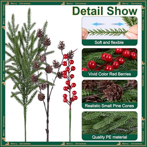 Artificial Christmas Norfolk Pine Stems Branches for Vases,17 Bundles Faux Pine Branches with Pinecones and Red Berries Branches,Fake Greenery Evergreen Real Touch for Holiday Winter Table Xmas Décor - color: Red Berries+small Pinecones