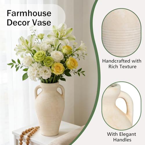 Ceramic Flower Vase with Handles, 11 Inch Farmhouse Rustic Vase, Decorative Pottery Terracotta Tall Vases for Home Decor, Living Room, Centerpiece, Shelf, Mantle Fireplace - color: 11"h-off-white