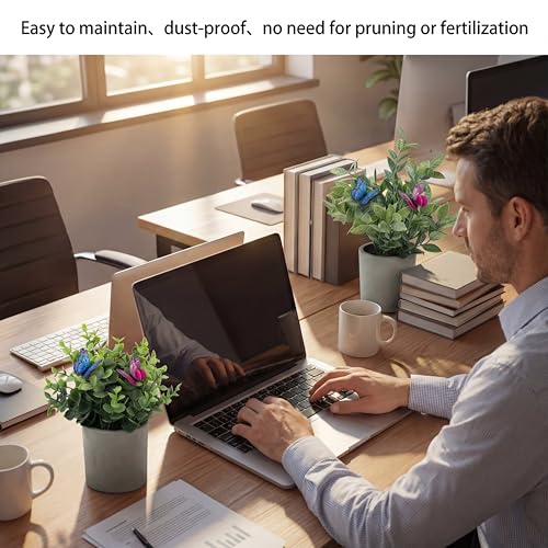 3 Pack Mini Artificial Potted Plants – Fake Eucalyptus, Boxwood & Rosemary with 6 Butterfly Stakes | Small Faux Plants for Shelf, Desk, Bathroom, Office & Farmhouse Home Decor