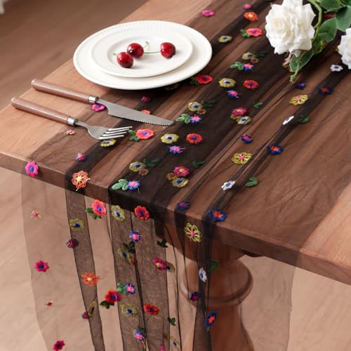Black Embroidery Daisy Table Runner 10ft 120 Inch Fall Florals Gauze Tulle Sheer Cheesecloth Holiday Kitchen Dining Table Decoration for Home Wedding Party Baby Shower Birthday Decorations - color: Black, size: 10ft x 1Pack