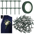 31Pcs Triangle Boutonniere Safety Pins with Flower Tape, T-Shaped Plastic Corsage Pins Safety Clips for Bride Groom, Tiny Boutonniere Supplies for Wedding Festivals Buttonhole Flowers Button Making