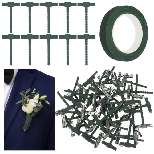31Pcs Triangle Boutonniere Safety Pins with Flower Tape, T-Shaped Plastic Corsage Pins Safety Clips for Bride Groom, Tiny Boutonniere Supplies for Wedding Festivals Buttonhole Flowers Button Making