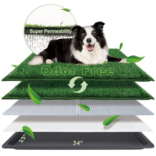 HQ4US 4LEGS Dog Grass Pad with Tray Large 34’’×23’’, Dog Litter Box with Odor Free Artificial Grass Pee Pads for Dogs Potty Tray with Hemmed Edge, Realistic for Indoor Balcony - size: L - 34" x 23" for Dog＜ 28'' Length