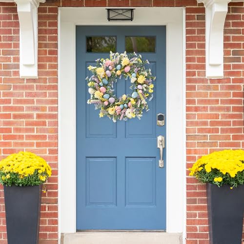 Sggvecsy 20 Inch Easter Wreath Spring Wreath Artificial Flower Wreath with Colorful Eggs Hydrangea Daisies Eucalyptus Leaves for Front Door Easter Summer Farmhouse Holiday Wall Home Window Decor