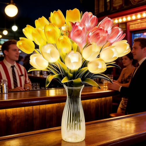 15pcs LED Lighted Artificial Flowers Tulip Lamp with Vase Real Touch Tulips Faux Flower Lights for Valentines Day Gift Easter Home Kitchen Wedding Dining Table Decor (Mix) - color: 15pcs Max