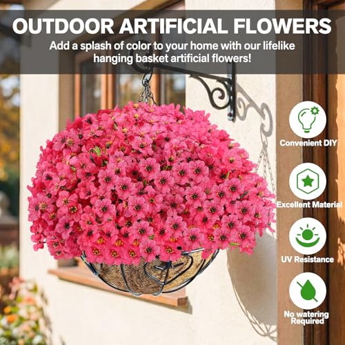22 Bundles Artificial Flowers Outdoor Fake Plants, Faux Flowers UV Resistant with Plastic Plants, Faux Silk Flowers for Outdoors Outside Front Porch Hanging Planter Window Garden Decoration(Rose Red) - color: Rose Red, size: 22 Bundles