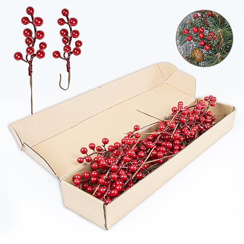 LLZLL 32 Pack Christmas Tree Decorations, Artificial Red Berry Stems 6.5 Inch Christmas Berry Picks with Holly Berries for Xmas Winter Holiday Home DIY Ornaments - color: Red