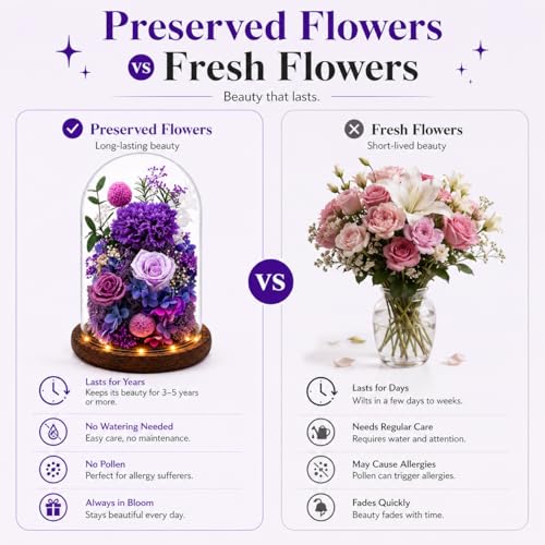 Preserved Flowers in Glass, Preserved Rose with 1 Royal Purple Carnation & 2 Roses, Eternal Flower Gift for Grandma Wife, Forever Flowers for Anniversary Birthday Lasts 3-5 Years - color: Purple