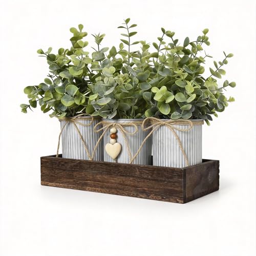 Rustic Farmhouse 3-Piece Artificial Eucalyptus Centerpiece – Wooden Tray with 3 Galvanized Metal Pots & Faux Greenery – Table Decor for Dining Room, Kitchen, Living Room, Bathroom, Office - color: Eucalyptus Plants