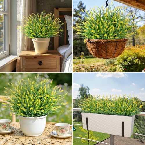24 Bundles Artificial Plants Flowers Outdoor, Faux Lavender Flowers Fake Monkey Grass UV Resistant Plastic Plant for Porch Garden Patio Window Home Decor, Yellow - color: Yellow
