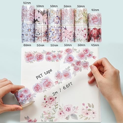 Floral Washi Tape Set - 12 PET & Washi Tapes for Journaling Stickers, Scrapbooking Supplies, Planner, Bullet Journals,Arts & Crafts. Use as Stickers - color: Flowers