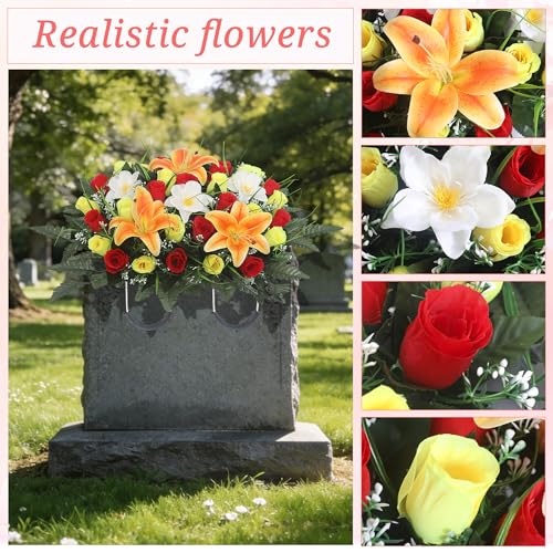Cemetery Flower Saddle - grave flowers for cemetery,Artificial Rose, Lily & Orchid Arrangement for Headstone - All-Weather Grave Decor for Outdoor Tombstone Headstone Decorations (Red yellow) - color: Red Yellow