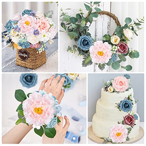 AmyHomie Blue Pink Artificial Flowers Combo Silk Mix Peony Rose Hydrangea Daisy Fake Flowers w/Stem for DIY Wedding Bouquets Centerpieces Arrangements Table Decor Party Bridal Baby Shower Home Decor - color: Blue Pink