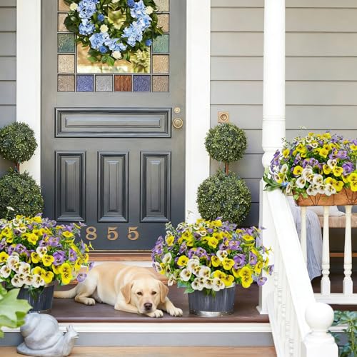 16 Bundles Artificial Fake Pansies Flowers for Outdoors Silk Colorful Pansy UV Resistant Faux Plastic Plants for Outside Planter Front Door Porch Yard Patio Garden Decor (Yellow Purple White) - color: Yellow Purple White
