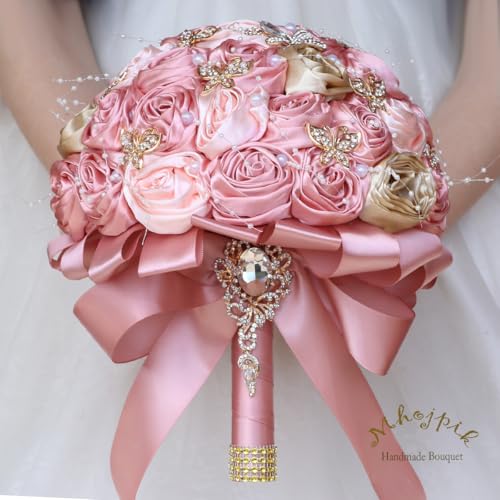 Handmade Wedding Flowers Bouquet Round Holding Bridal Bouquet Artificial Satin Roses Bunch for Bride Bridesmaid Wedding Quinceanera - color: Blush Pink, Light Salmon & Camel Brown, size: Small (Dia. 7.5"/19cm)