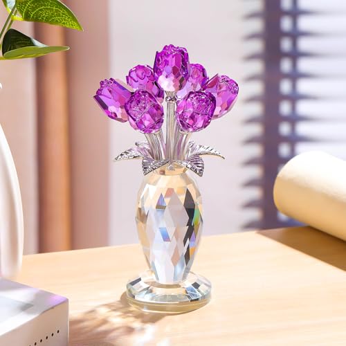 Ornalrist Crystal Purple Rose Flower Figurines - Glass Rose Bouquet Gifts for Women Mom Wife Girlfriend on Valentines Christmas Mothers Day Wedding Party - color: Purple
