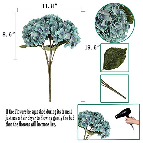 2Bouquets Artificial Fake Flowers Plants Silk Hydrangea Arrangements Wedding Bouquets Decorations Plastic Floral Home Kitchen Garden Party Festival Bar DIY (Acid Blue,5Flower Heads) - color: Acid Blue，5flower Heads